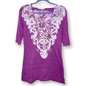 Maurices Size S Fuschia Magenta White Gold Foil Boho 3/4 Sleeve Hooded Tunic Top